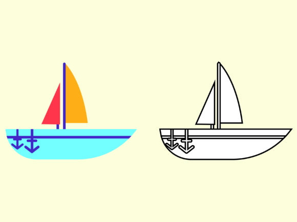 Blue Boat Kids Coloring Vector Beach Set: Icons & Graphics